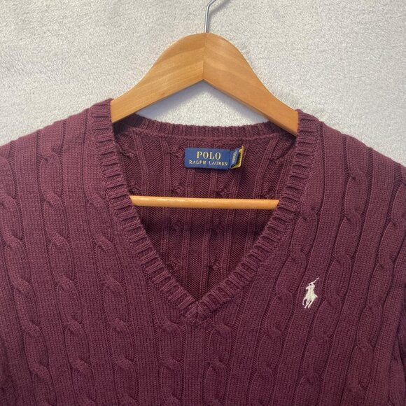 Polo Ralph Lauren Cable Knit Sweater Womens Medium Burgundy Pony Logo Y2K Style - Picture 8 of 15